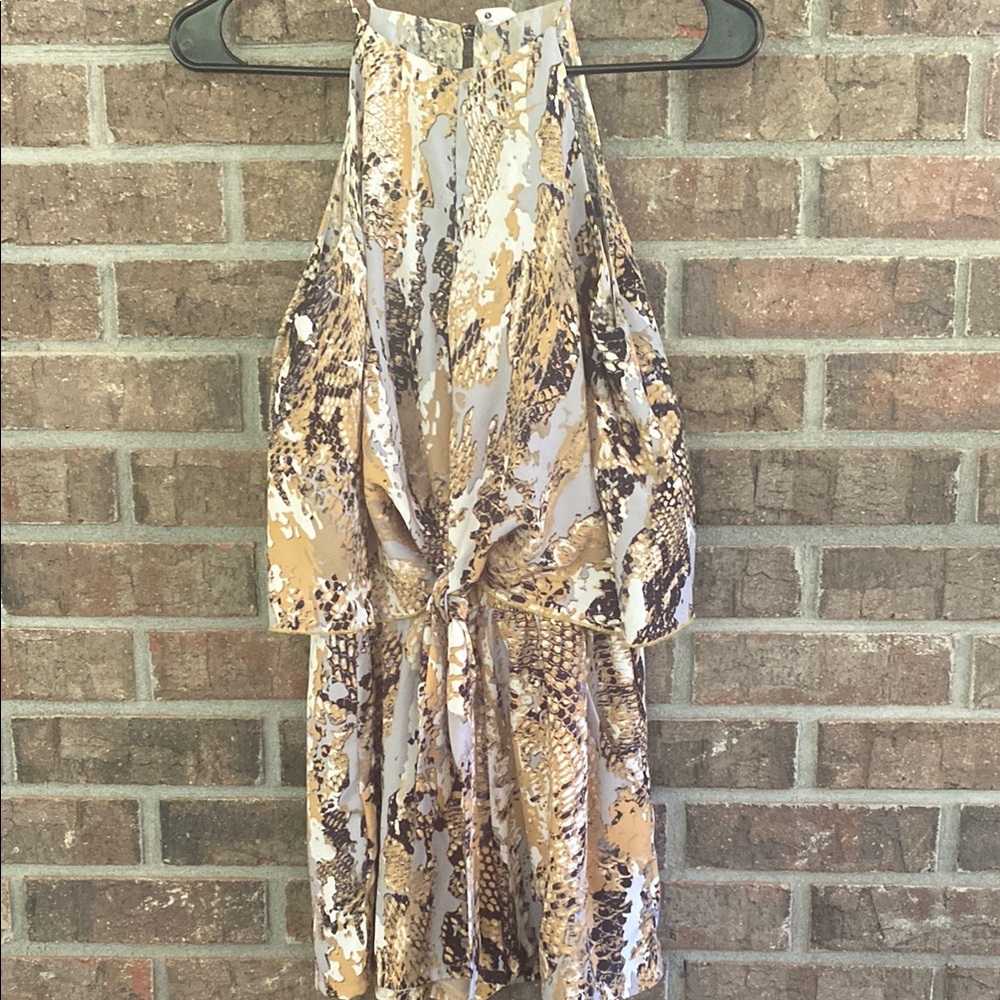 Tyche Backless Snake Print Shorts Romper - Tan and Cream